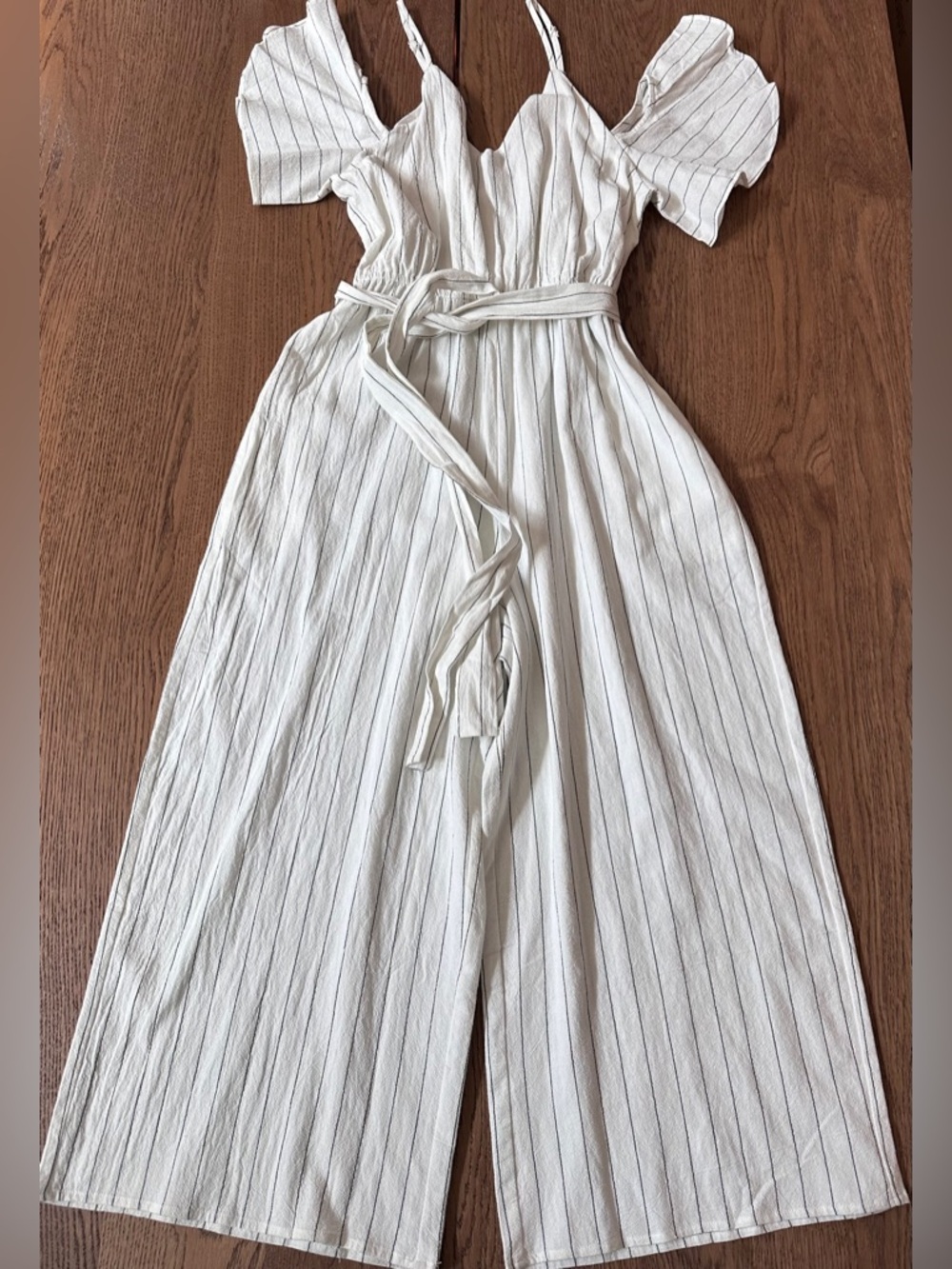 Wide-Leg Striped Belted Jumpsuit in Cream Size SMALL